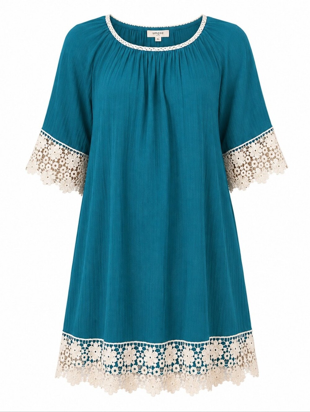 UMGEE | Lined Teal Blue Flowy Cotton Tunic Dress Cream Floral Lace Accents | XL